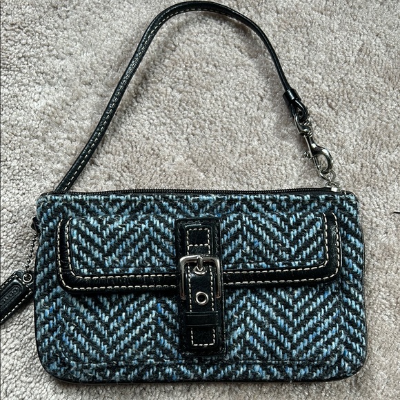 Coach Black and Blue Wool Tweed & Black Leather accents with Silver Hardware EUC - Picture 1 of 9
